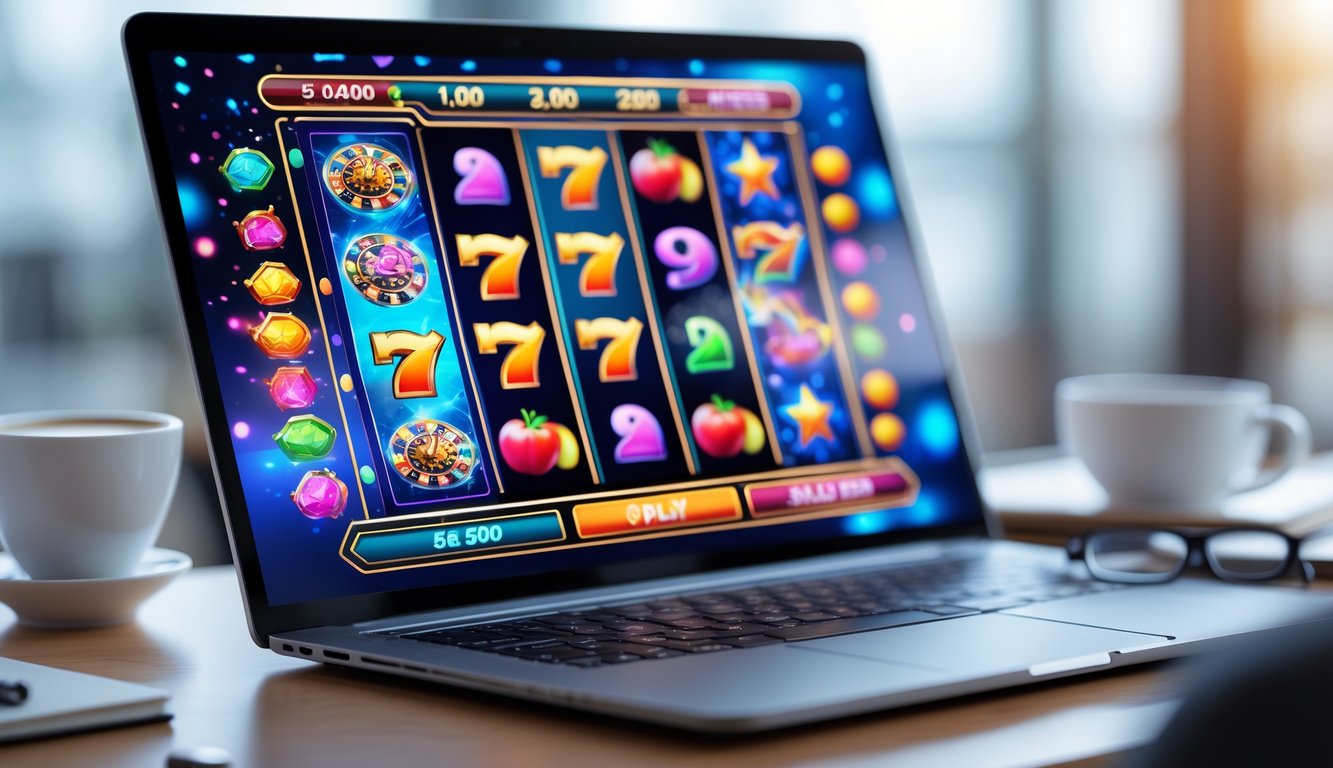 Seorang pengguna duduk di depan komputer dengan layar menampilkan permainan slot online yang berwarna-warni dan menarik.