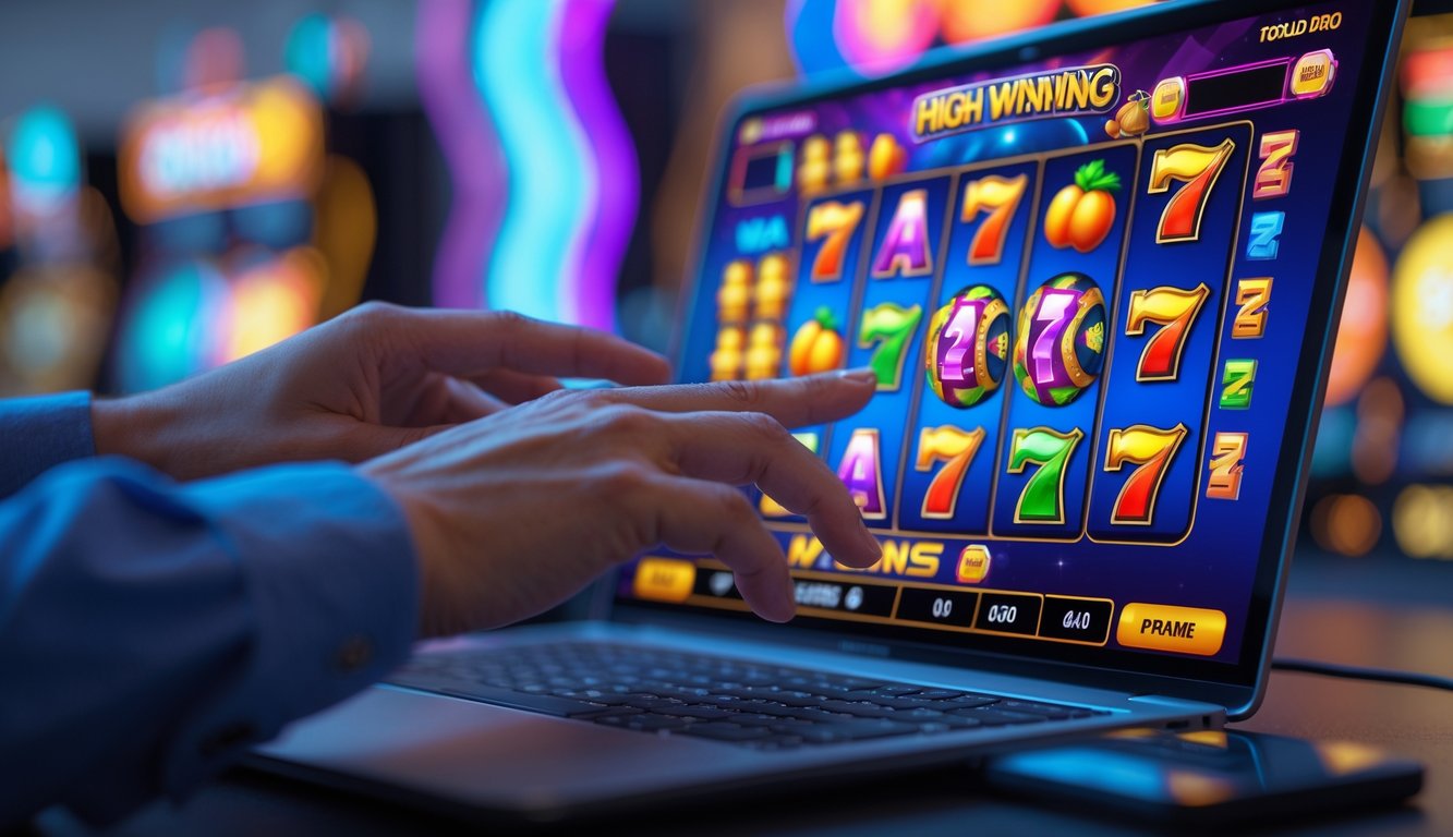 Seseorang sedang bermain mesin slot online di komputer dengan layar penuh warna dan simbol mesin slot.