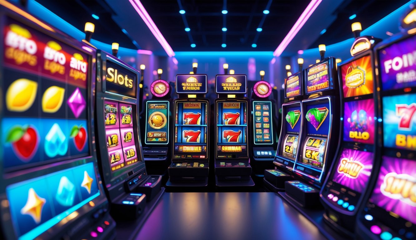 Tampilan berbagai mesin slot online dengan berbagai tema yang berwarna-warni dan menarik pada layar digital.