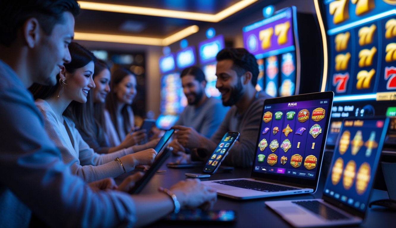 Orang-orang bermain permainan slot online di berbagai perangkat digital dalam suasana nyaman dan modern.