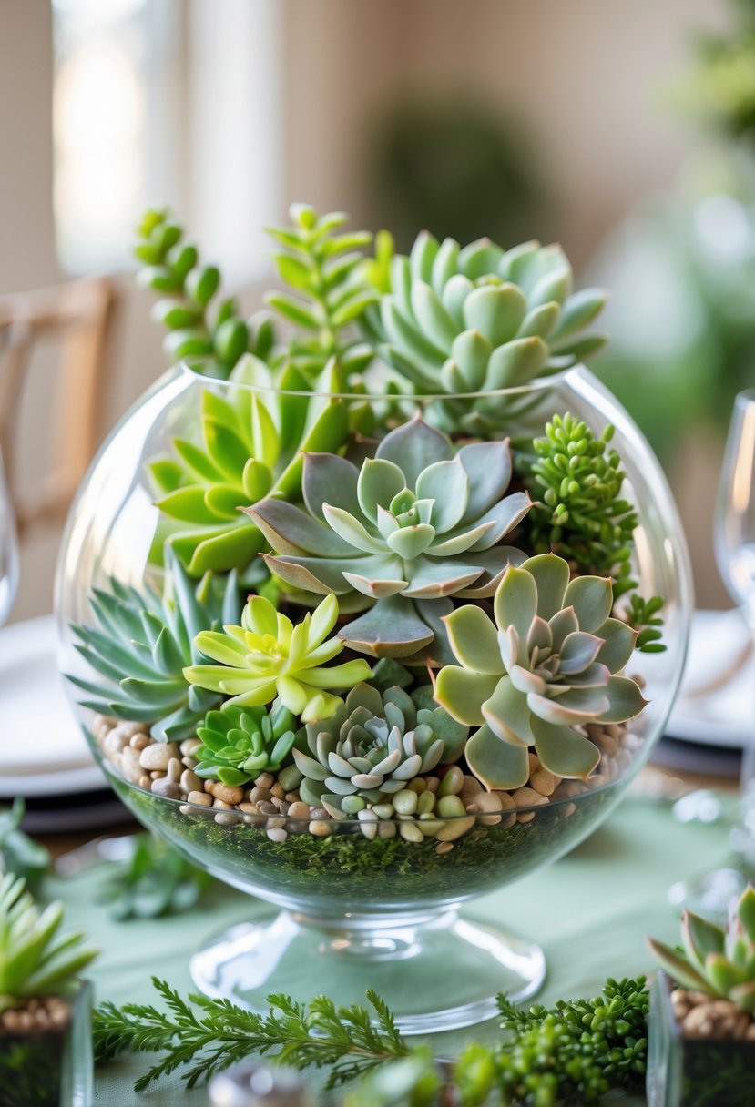 A succulent terrarium centerpiece with various green plants arranged on a table.