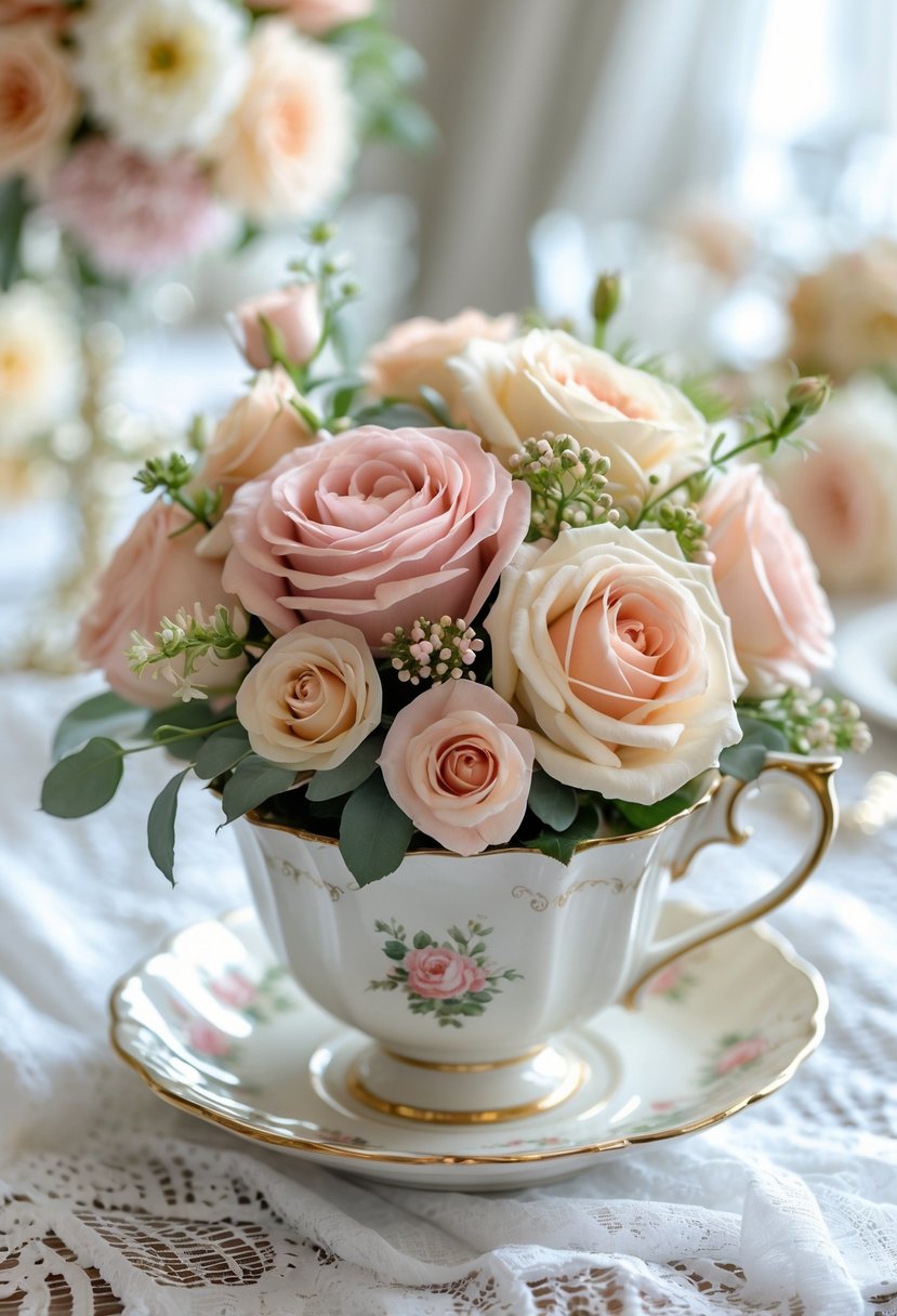A vintage teacup filled with pastel roses and greenery placed on a lace-covered table.