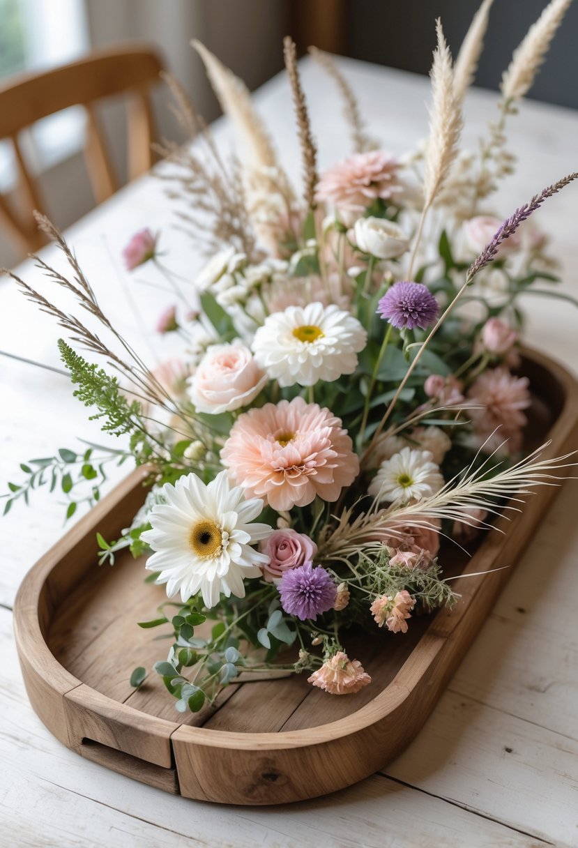 A wooden tray filled with wildflowers and wispy grasses arranged as a table centerpiece.