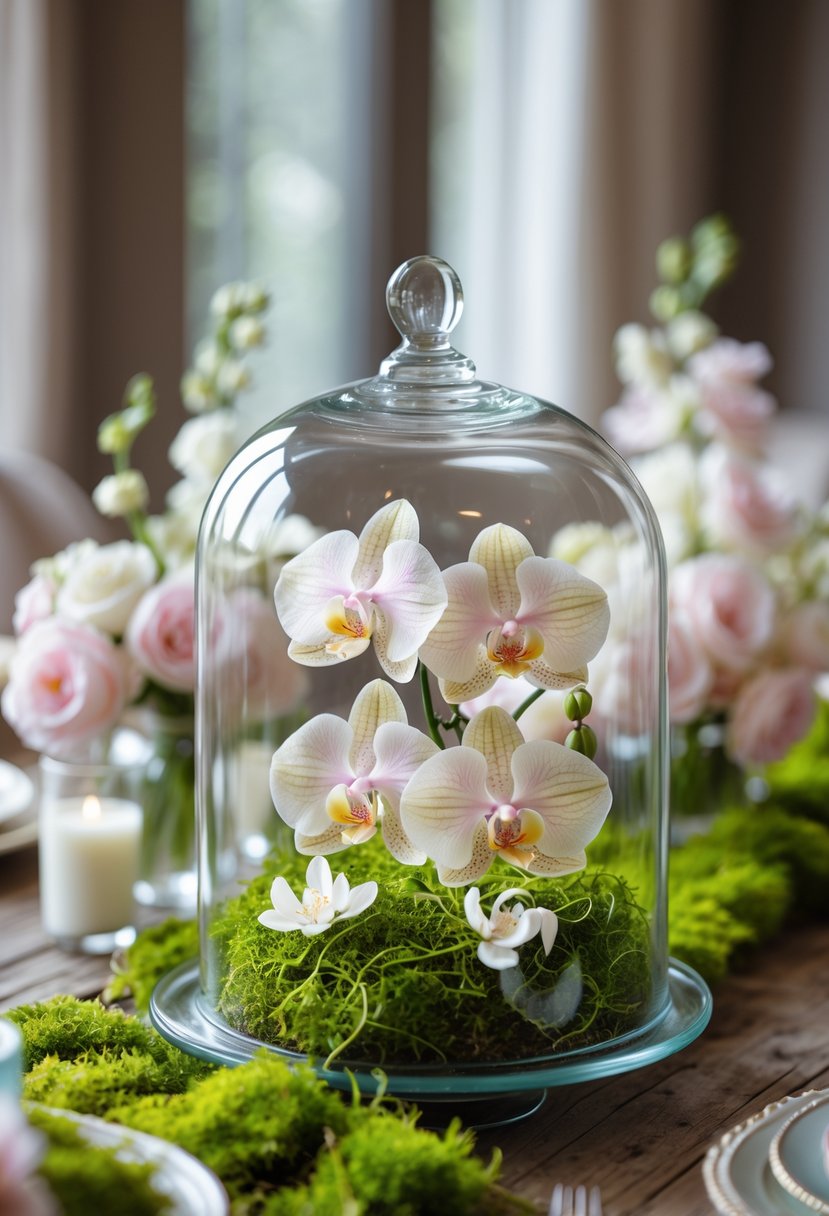 Glass cloche covering delicate orchids and moss on a wooden table with soft lighting.