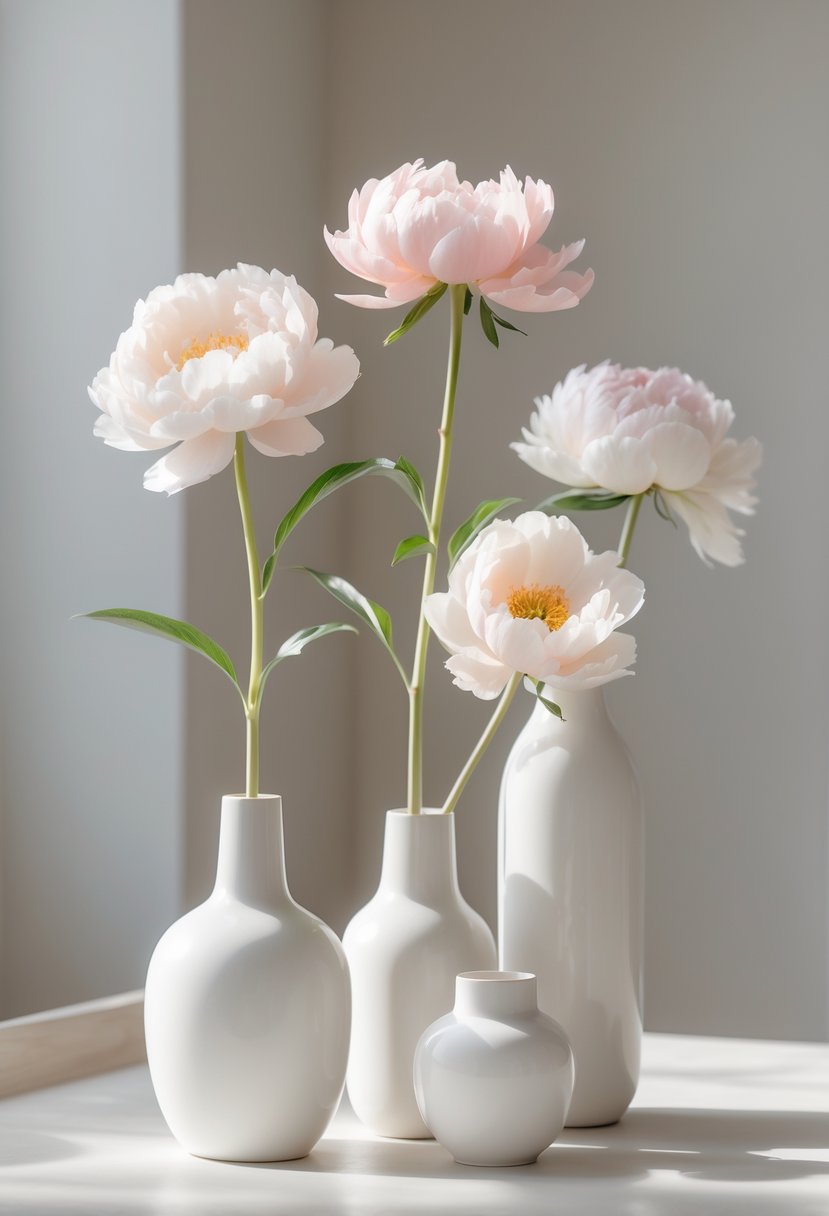 White ceramic vases each holding a single peony flower arranged on a light surface.