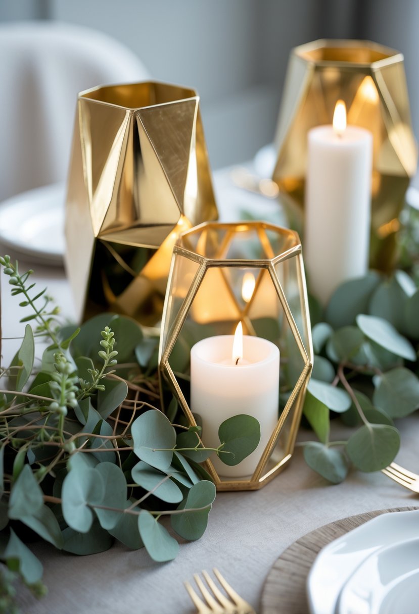 Table centerpiece with gold geometric candle holders and green eucalyptus sprigs arranged together.
