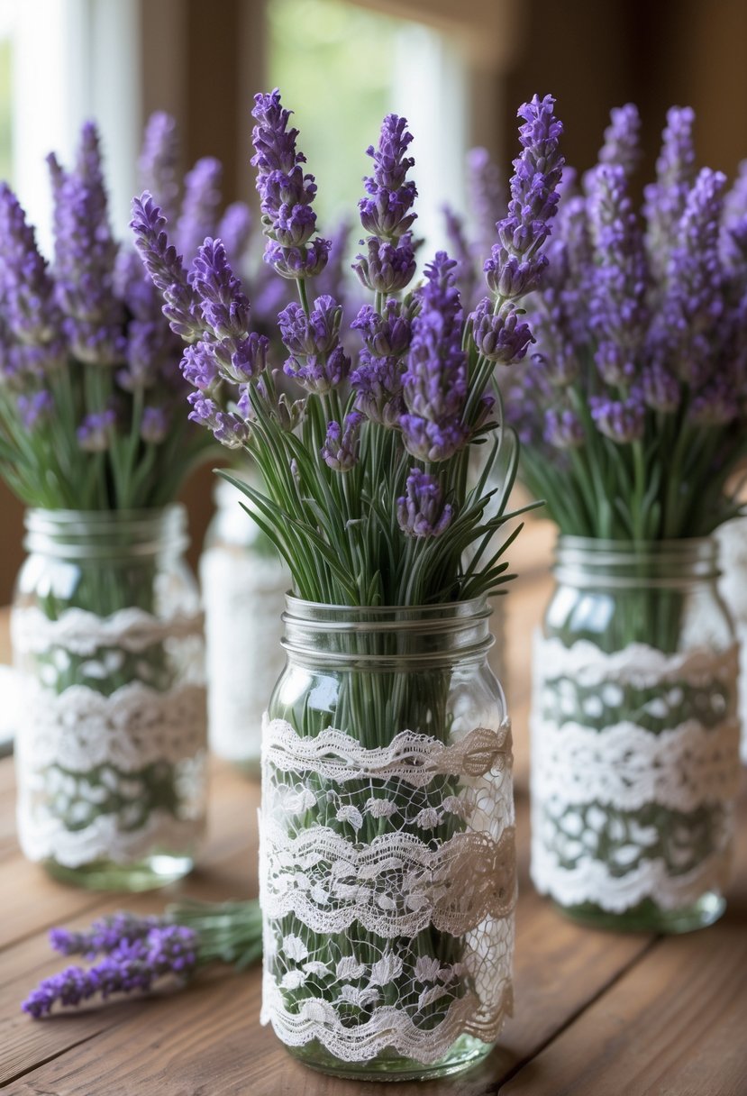 Mason jars wrapped in lace filled with lavender bunches arranged on a wooden table.