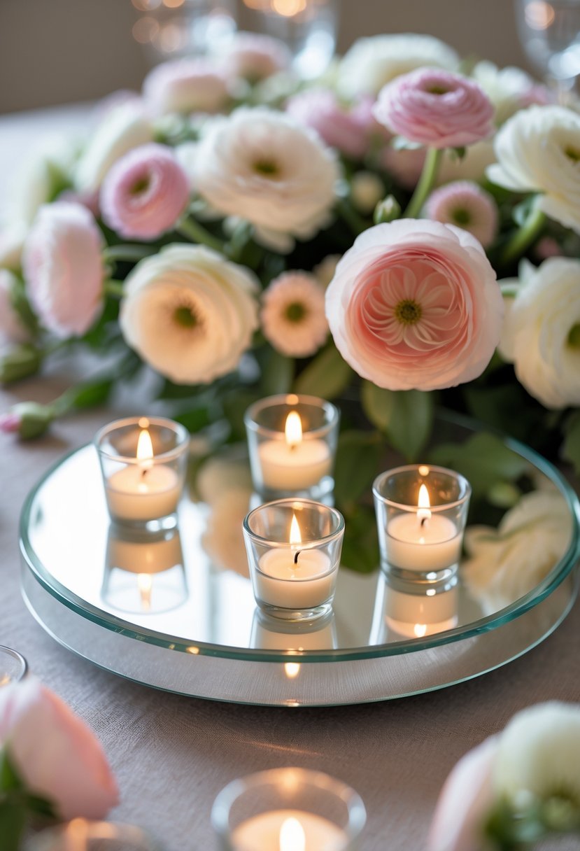A bridal shower table centerpiece with a round mirror base reflecting lit votive candles and pink and white ranunculus flowers arranged around it.