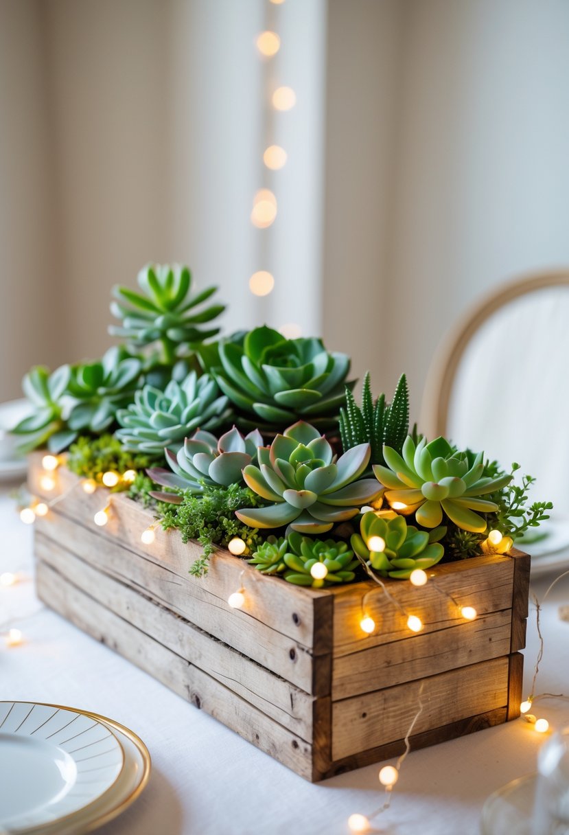 A rustic wooden box planter filled with green succulents and decorated with warm white fairy lights on a table.