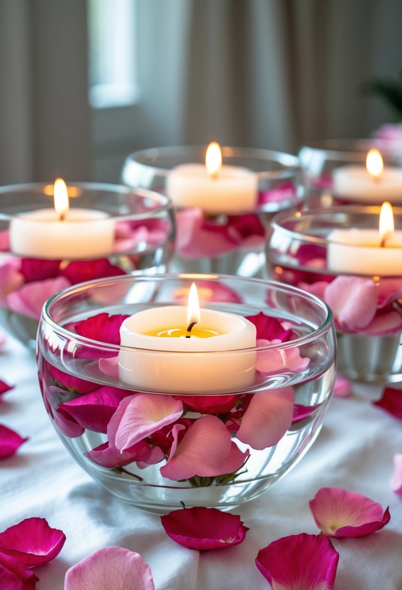 Clear glass bowls with floating candles and pink and red rose petals arranged on a table.