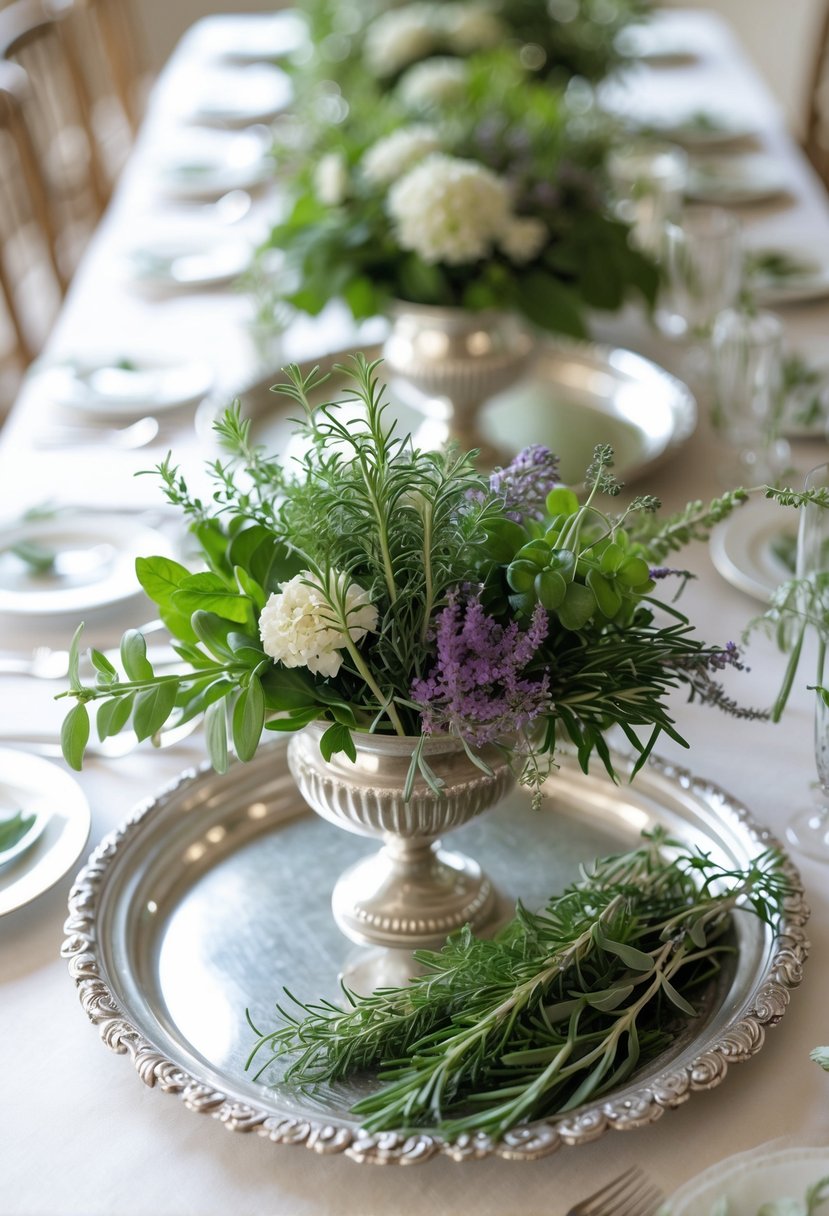 Antique silver trays holding mixed fresh herb bouquets arranged on a table as centerpieces.