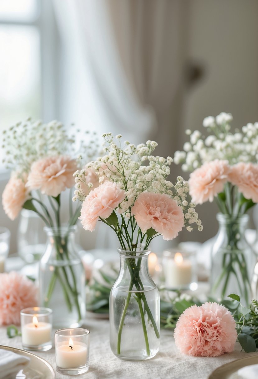Delicate bud vases with baby's breath and soft pink carnations arranged on a table as a centerpiece.