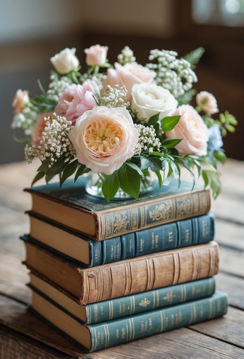 A stack of vintage books topped with small pastel floral bouquets on a wooden table.