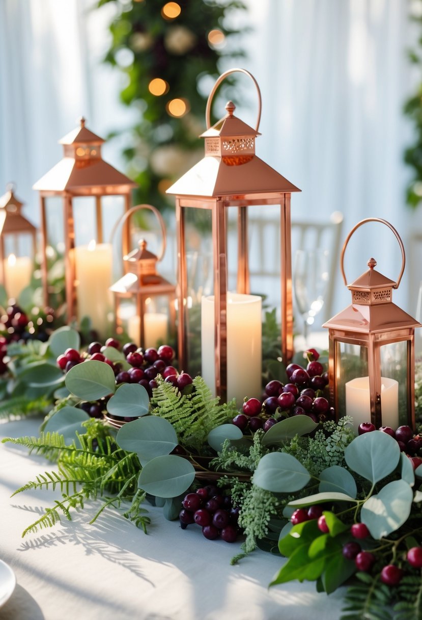 Copper lanterns surrounded by mixed greenery and red and purple berries arranged as a table centerpiece.