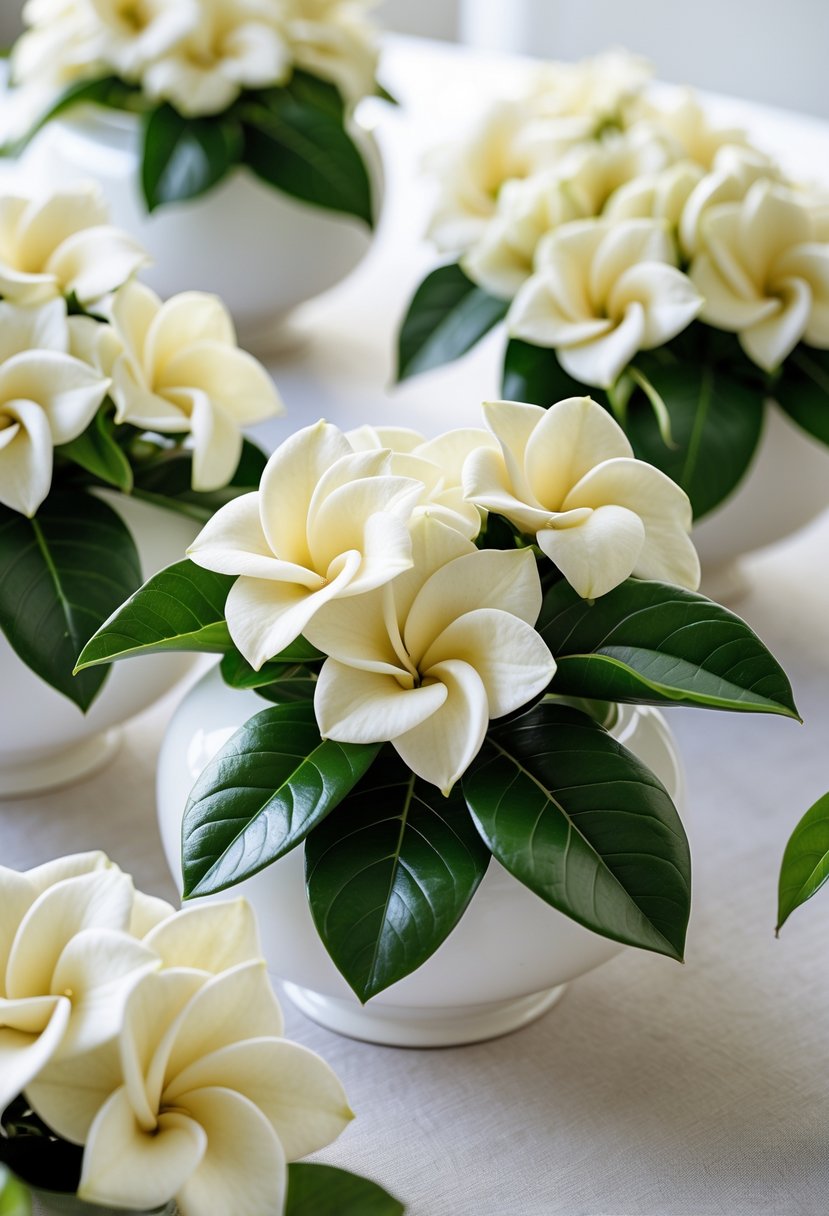 White porcelain bowls filled with fresh gardenia flowers arranged on a table.