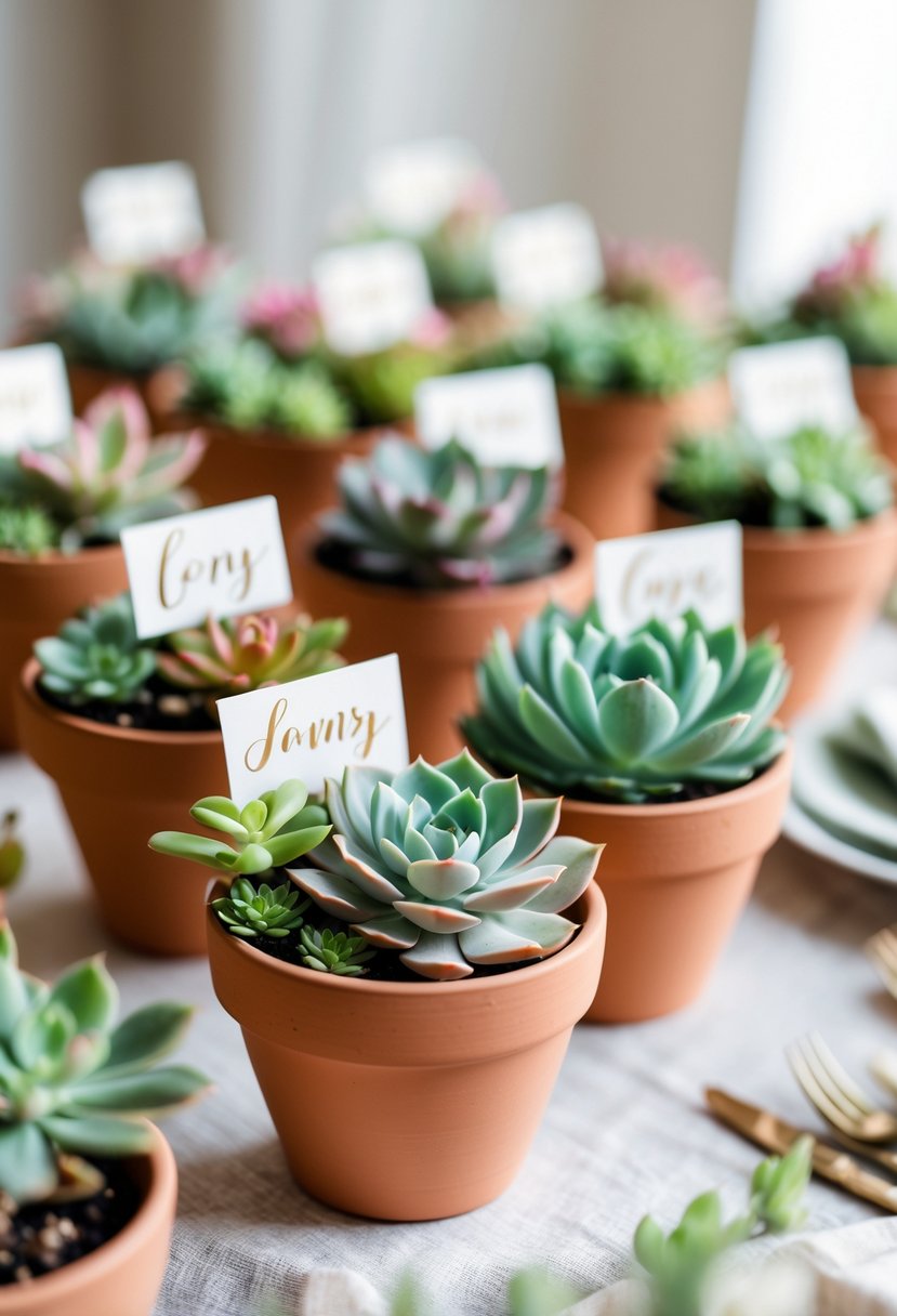 Small terracotta pots with blooming succulents arranged together as table centerpieces.