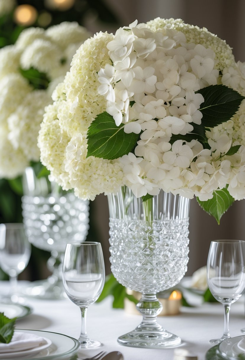 Crystal vases filled with cascading white hydrangeas arranged as table centerpieces on a bridal shower table.
