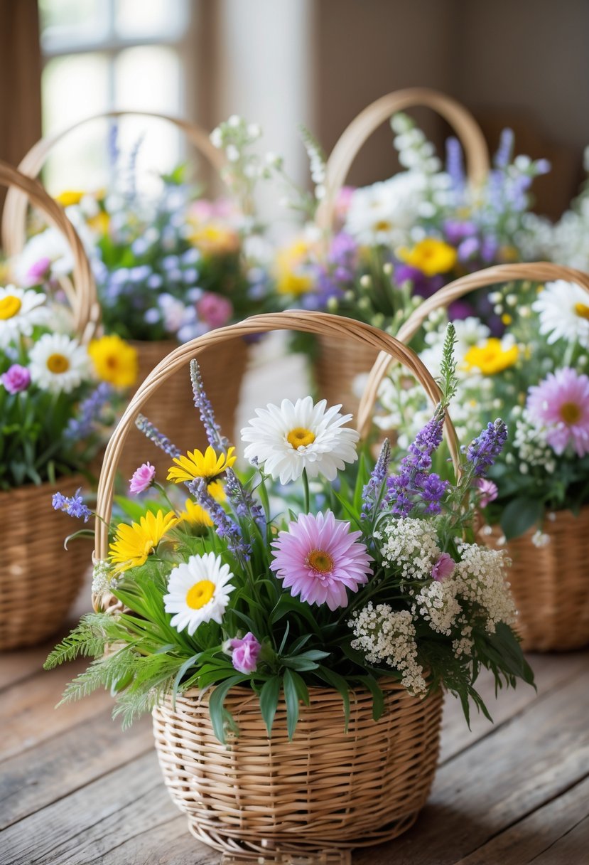 Wicker baskets filled with colorful seasonal wildflowers arranged on a wooden table.