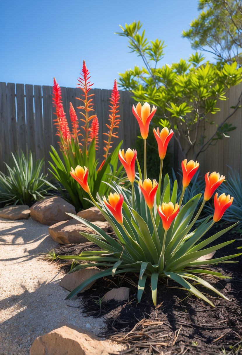 A colorful Australian garden with Kangaroo Paw plants and other native greenery under bright sunlight.
