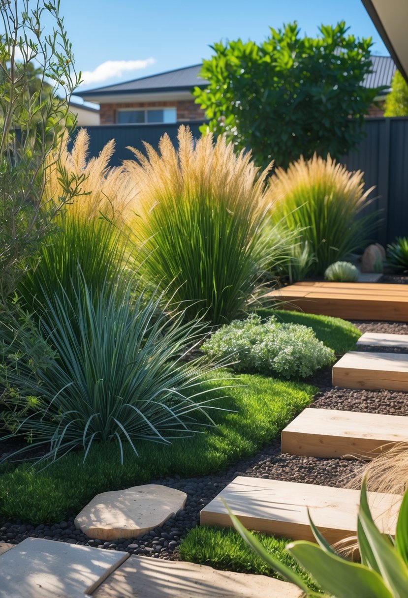 A sunny Australian garden with native Lomandra grasses and stone pathways surrounded by various plants in a backyard.