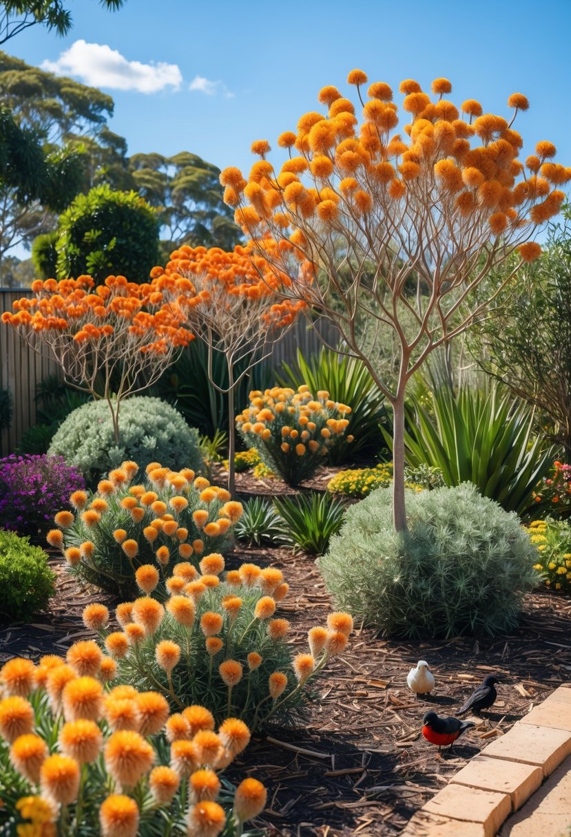 A sunny Australian garden with banksia shrubs blooming and attracting birds and insects among green plants.