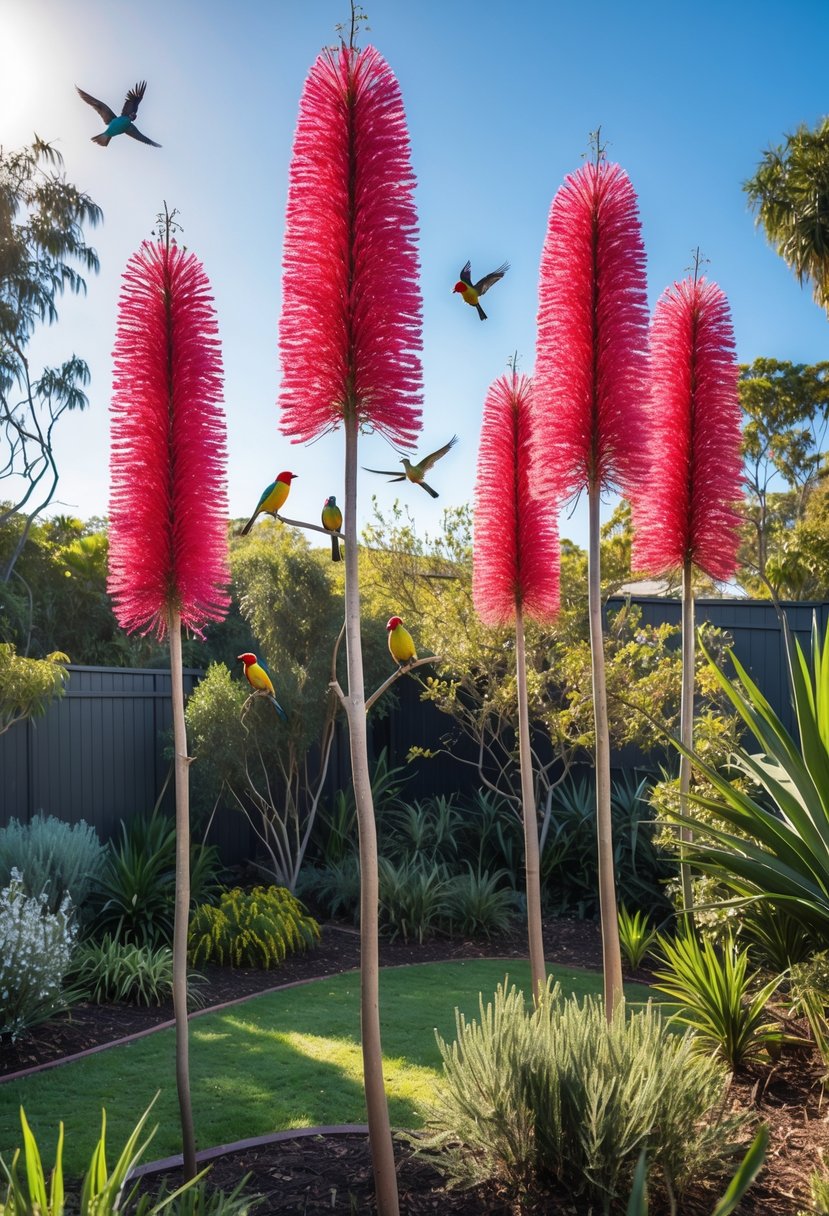 A sunny Australian garden with bright red bottlebrush trees and small birds perched on the branches.