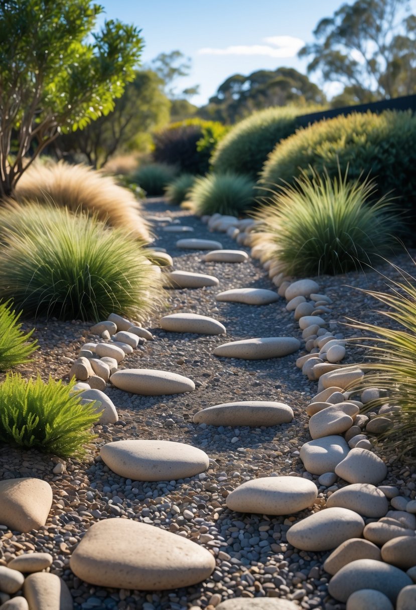 A dry creek bed with smooth river stones winding through an Australian garden with native plants and trees.