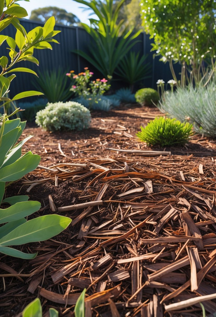 A garden bed covered with eucalyptus bark mulch surrounding native Australian plants and shrubs.