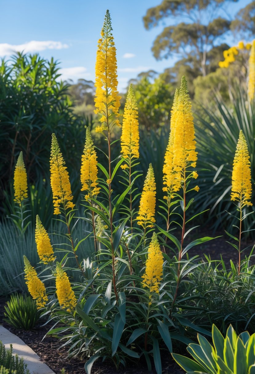 A garden with slender wattle plants displaying bright yellow flowers and green foliage under a clear sky.