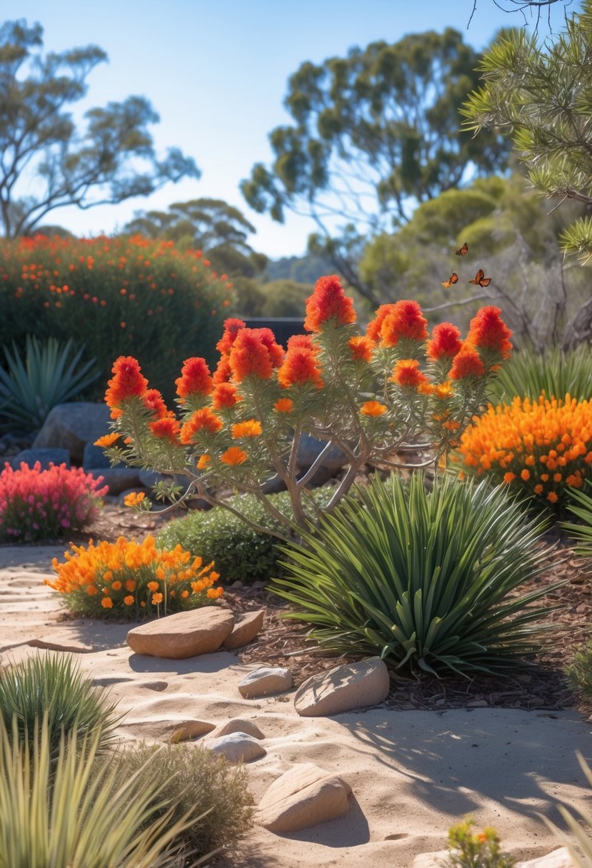A sunny Australian garden with blooming grevillea plants and native birds among natural soil and rocks.