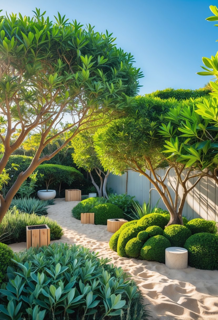 A coastal Australian garden with green tea tree bushes, sandy soil, stone pathways, and wooden planters under a clear blue sky.