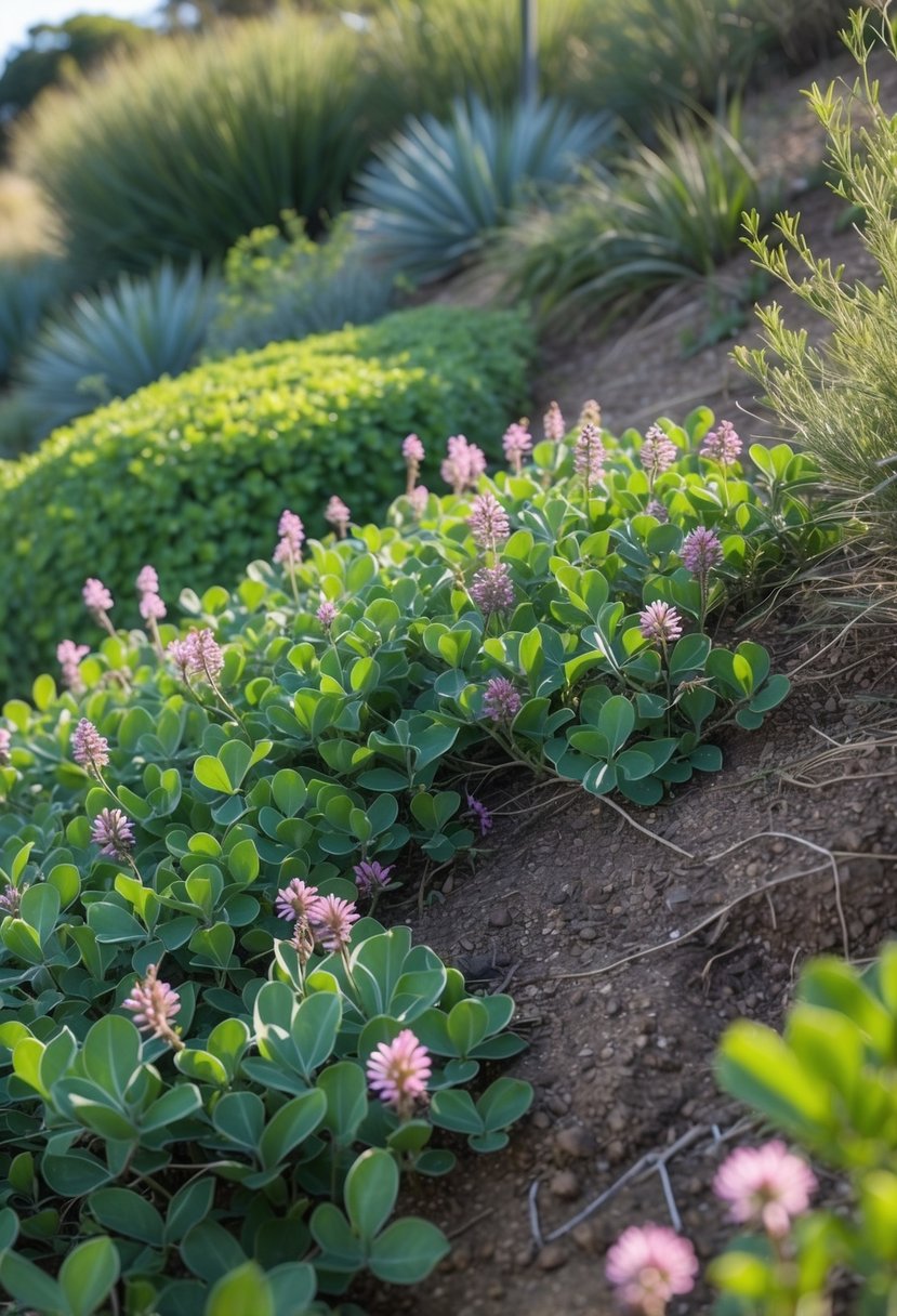 A sloped Australian garden with dense green creeping boobialla plants controlling soil erosion under natural sunlight.