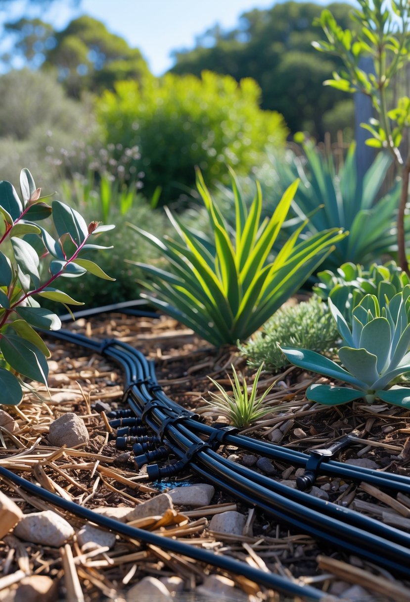 A drip irrigation system watering native Australian plants in a garden bed with mulch and green foliage.