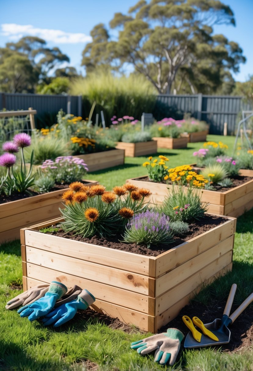 Raised wooden garden beds filled with colorful Australian native wildflowers in a sunny backyard garden.