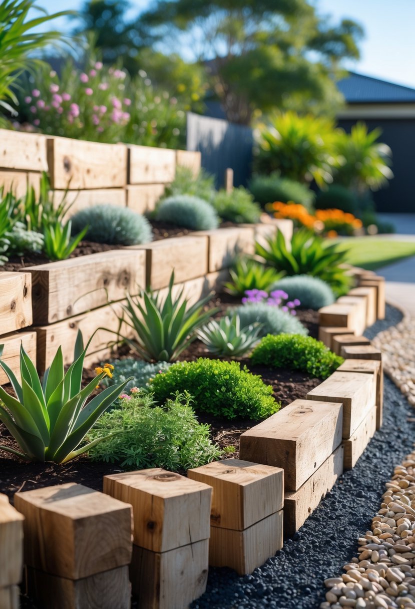 A garden with retaining walls and edging made from recycled timber, surrounded by green plants and flowers under a clear sky.