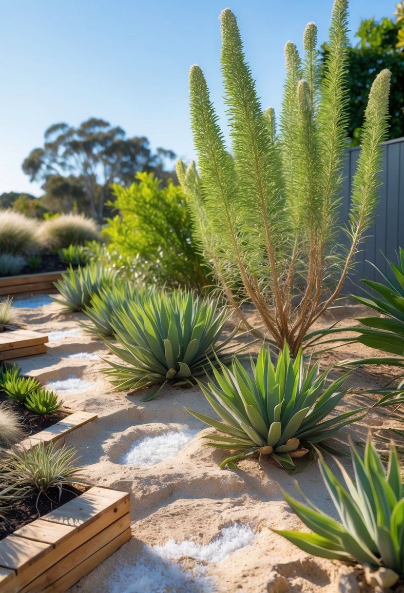 A garden with healthy saltbush plants growing in sandy soil with stone pathways and native Australian plants under a clear sky.