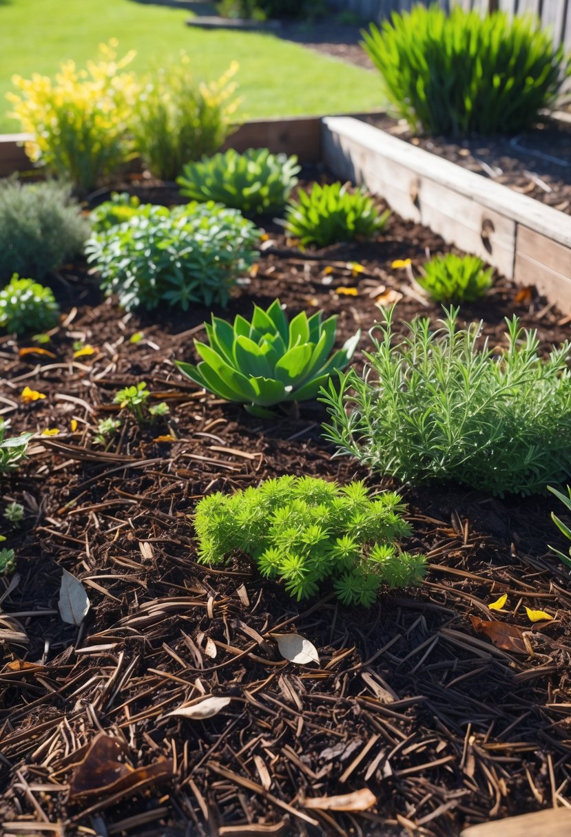 A garden bed with spotted gum mulch covering the soil and healthy native Australian plants growing.