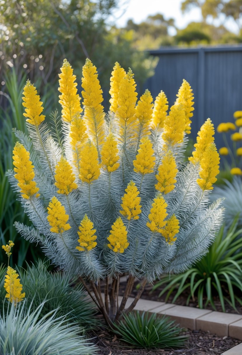 Close-up of a blooming Acacia dealbata plant with bright golden yellow flowers and silvery-green leaves in an Australian garden.