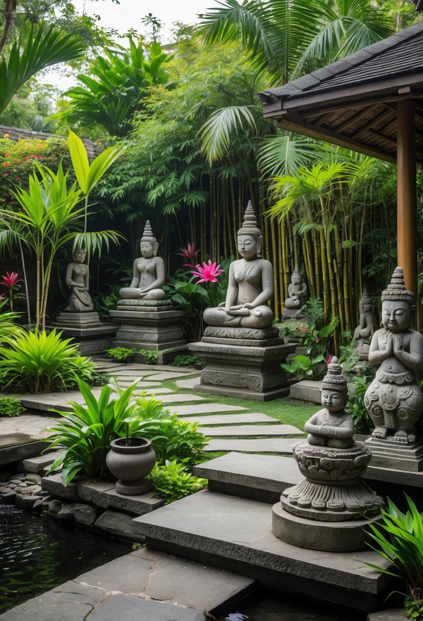 A tranquil garden with traditional Balinese stone statues surrounded by tropical plants and stone pathways.