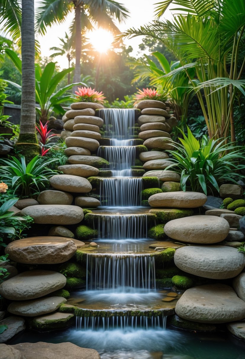 A cascading waterfall flowing over natural stones into a pond surrounded by tropical plants and trees in a garden.