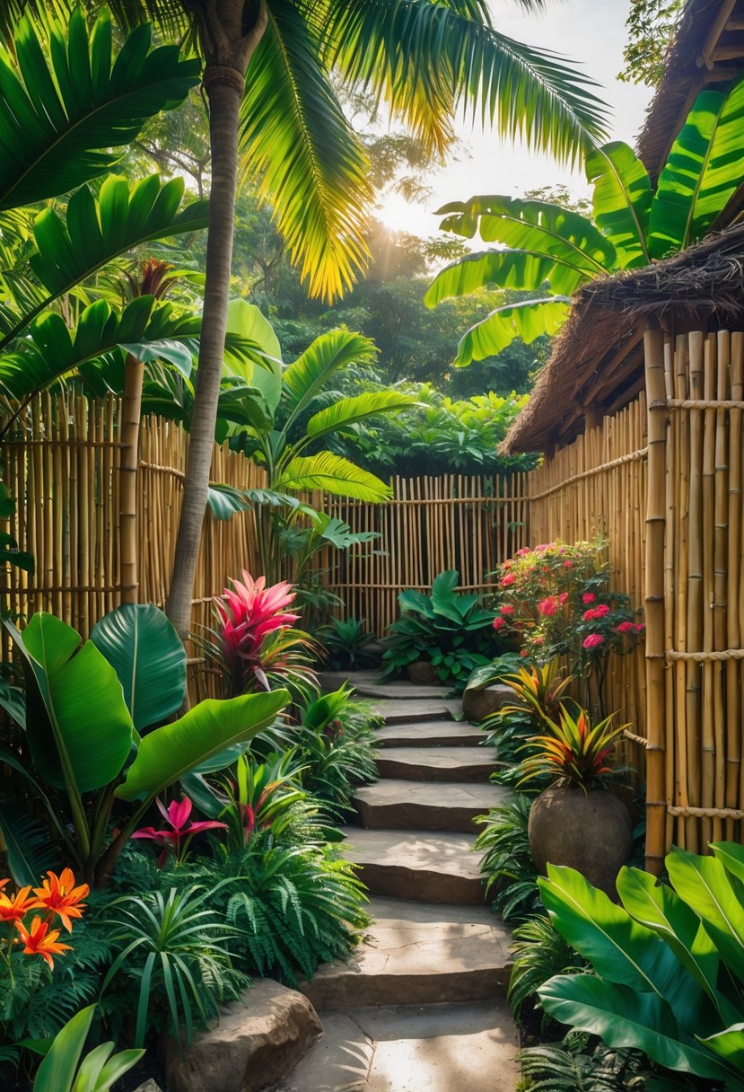 A tropical garden with bamboo fencing surrounded by green plants and colorful flowers.