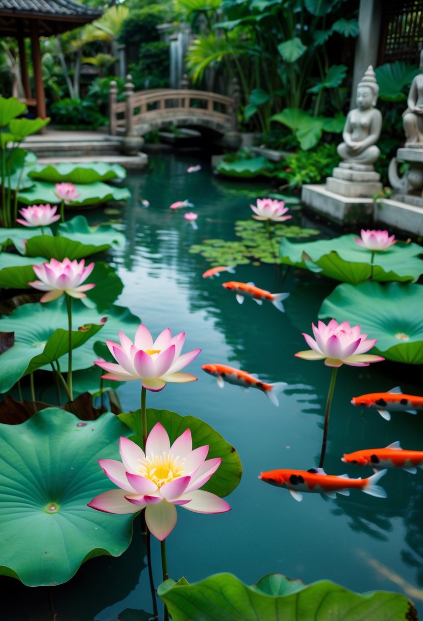 A tranquil garden scene with lotus ponds filled with floating flowers and colorful koi fish swimming beneath the water.