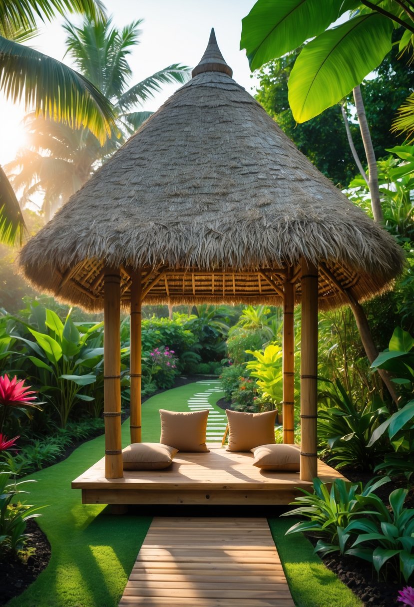 A small thatched gazebo surrounded by tropical plants and flowers in a peaceful garden.