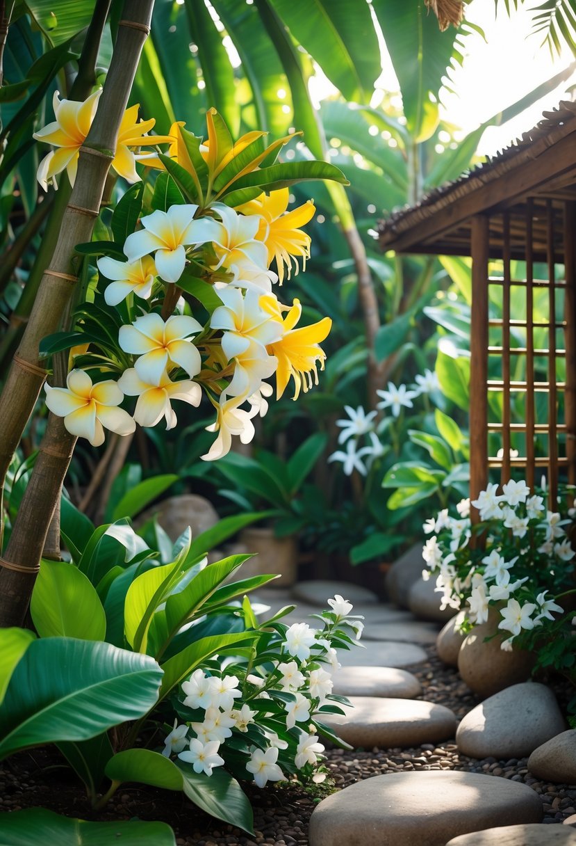 A tropical garden with blooming frangipani and jasmine flowers surrounded by lush green plants and stone pathways.
