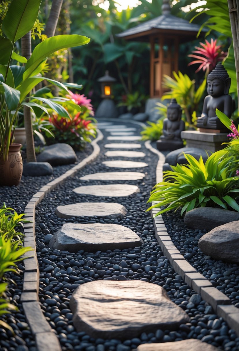 A Balinese garden with pathways and borders made of volcanic rocks and pebbles surrounded by tropical plants and flowers.