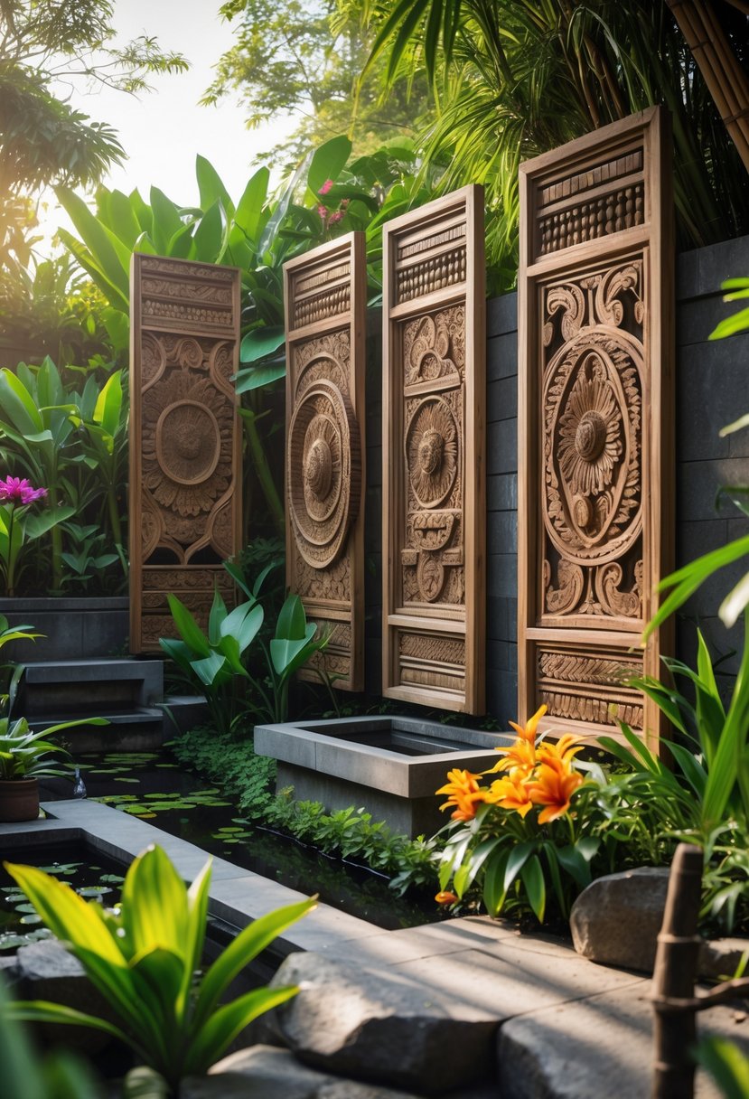 A garden with carved wooden panels surrounded by tropical plants and flowers.
