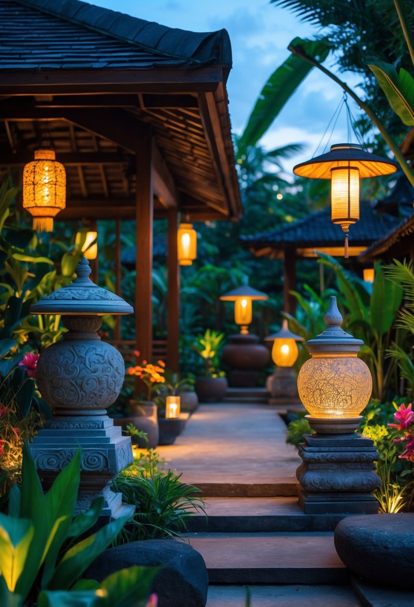 A tranquil Balinese garden at dusk with hanging lanterns and carved stone lamps lighting a stone pathway surrounded by tropical plants.