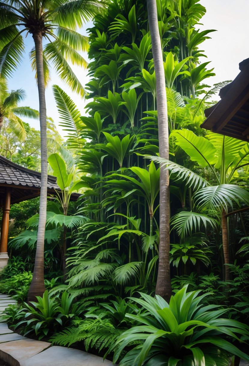 A lush tropical garden with tall palm trees and large ferns layered to create vertical height.