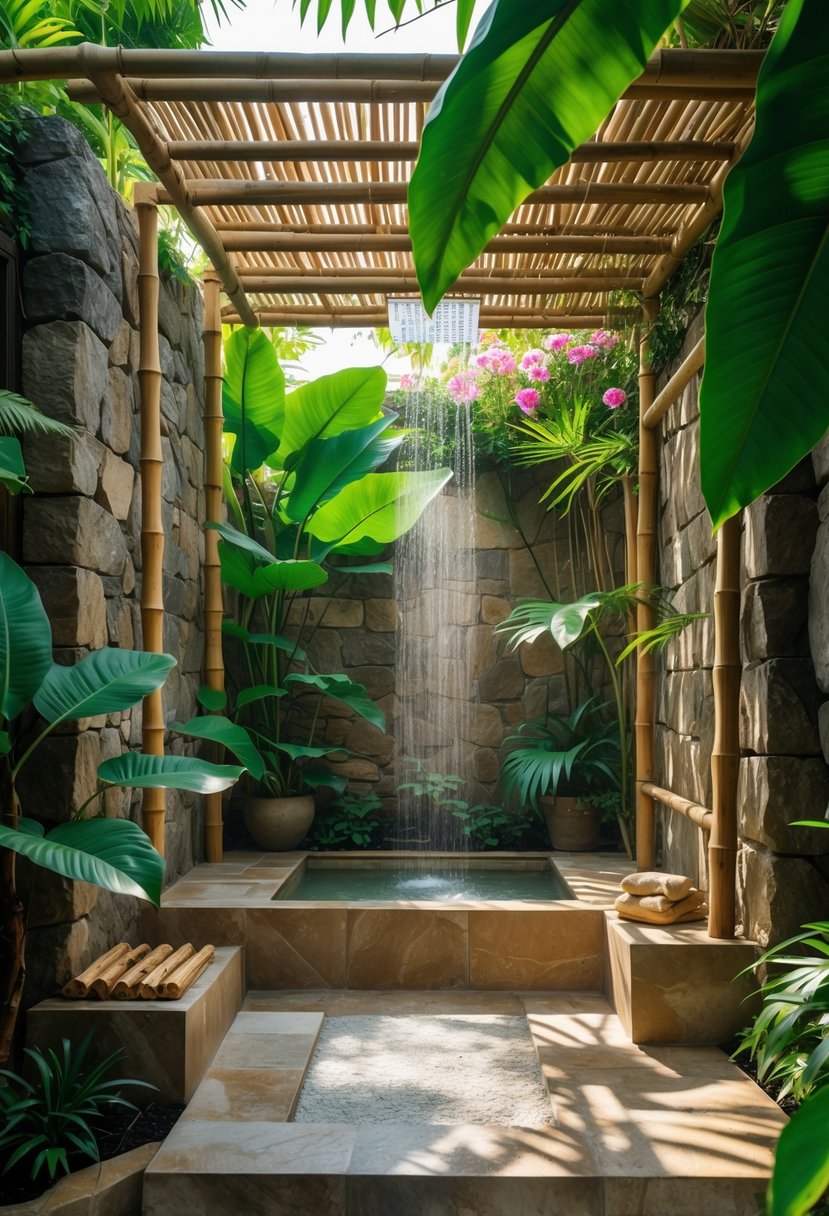 An open-air shower area surrounded by tropical plants with stone walls and bamboo fixtures in a garden.