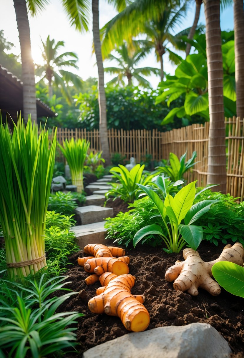 A tropical herb garden with lemongrass, turmeric, and ginger plants surrounded by stone paths and tropical foliage.